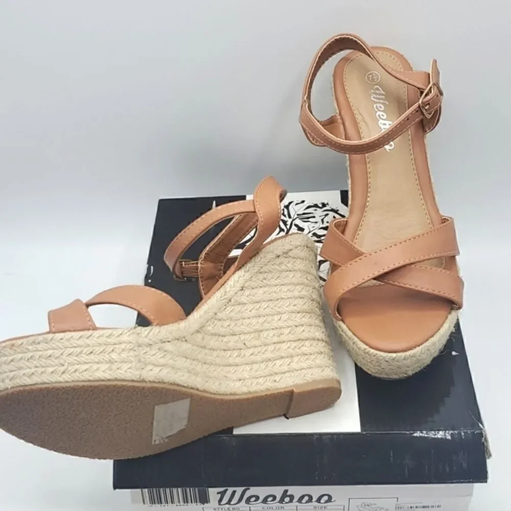 Weeboo Tan Mid High Heel Wedge Strappy Buckle Espadrille Sandals Size 7.5